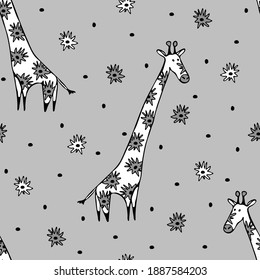 Seamless vector pattern with baby giraffe on grey background. Simple animal wallpaper design for children. Modern cartoon fashion textile.