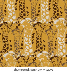Seamless vector pattern with baby giraffes on yellow background