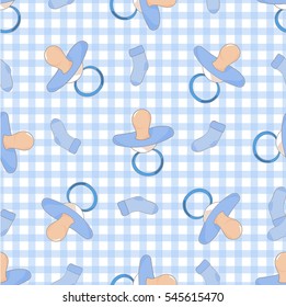 Seamless vector pattern. Baby nipples socks for little boy on the blue stripped background.  