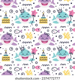 Seamless Vector Pattern with baby shark, fishes, corals, algae, waves, bubbles for Birthday party. Ideal for kids cards, prints, anniversary, invitation