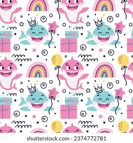 Seamless Vector Pattern with baby shark, fishes, corals, algae, waves, bubbles for Birthday party. Ideal for kids cards, prints, anniversary, invitation