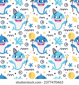 Seamless Vector Pattern with baby shark, fishes, corals, algae, waves, bubbles for Birthday party. Ideal for kids cards, prints, anniversary, invitation