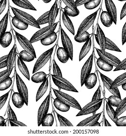 Seamless vector pattern with back ink hand drawn olive tree twigs isolated on white. Vintage olive background