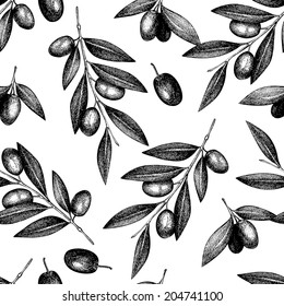 Seamless vector pattern with back ink hand drawn olive tree twigs isolated on white. Vintage olive background