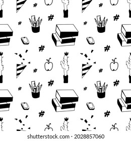 Seamless vector pattern back to school in black.Repeating ornament for knowledge day and student,learning on white background.Designs for textiles,web,social media,packaging,wrapping paper,fabric.