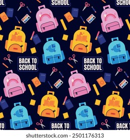 Seamless vector pattern with a "Back to School" theme featuring colorful backpacks, notebooks, scissors, and other school supplies on a dark background.