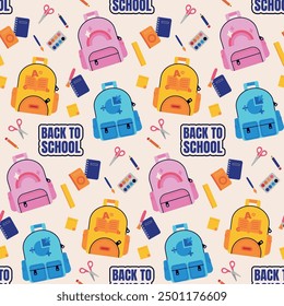 Seamless vector pattern with a "Back to School" theme featuring colorful backpacks, notebooks, scissors, and other school supplies on a light background.