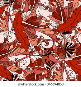 Seamless vector pattern background with abstract ornaments, feathers , leaves , waves. Hand draw illustration