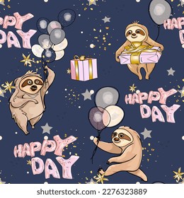 Seamless vector pattern background with balloons, gifts, happy day, stars, confetti, lazy sloths wild animal. Illustration wallpaper. For print, cards, package, clothes, designers, interior