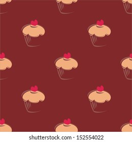 Seamless vector pattern background with big chocolate brown cupcakes, muffins, sweet cake and red heart on top. Background or texture with sweets desktop wallpaper, web design or culinary blog website