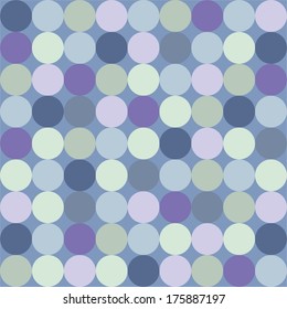 Seamless vector pattern or background with big colorful dots on dark navy blue background. Retro design element for desktop wallpaper or website design