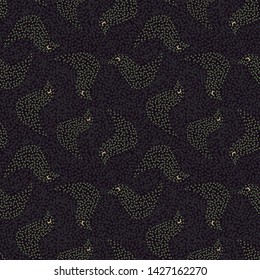 A seamless vector pattern background with bird shapes drawnwith little dots. Surface print design.