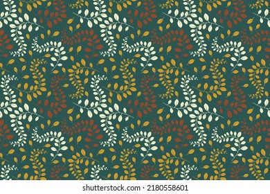 Seamless vector pattern. Background with branches and leaves on the green backdrop. Neutral ivy design. Mystic and oriental forest design. Ready for fabric design. Vector illustration