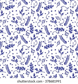 Seamless vector pattern, background with branches and leaves on the white backdrop. Hand sketch drawing. Imitation of ink pencilling. Series of Hand Drawn Patterns.