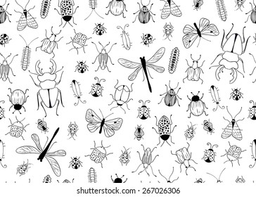 Seamless vector pattern. Background with bugs and butterflies. Insects.