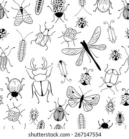 Seamless vector pattern. Background with bugs and butterflies. Insects. 