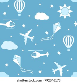 Seamless vector pattern background with cartoon airplane, kite and air balloon