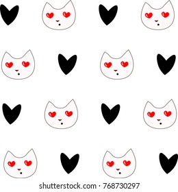 Seamless vector pattern background with cats and hearts. Wallpaper