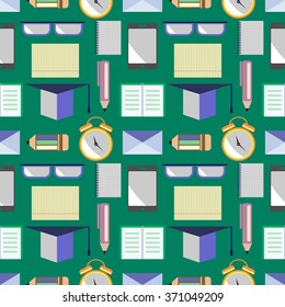 Seamless vector pattern, background with closeup glasses, academic caps, letters, pens, pencils, notebooks and alarm clocks on the green background