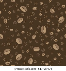 Seamless vector pattern for background from coffee grains and spirals.