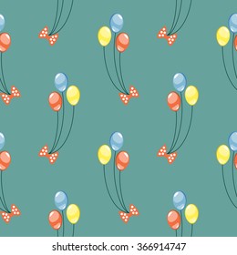 Seamless vector pattern. Background with colorful balloons and bows on the blue backdrop.