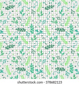 Seamless vector pattern, background with colorful branches and leaves on the chekered paper. Hand sketch drawing. Imitation of ink pencilling. Series of Hand Drawn Patterns.