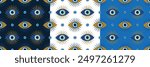 Seamless vector pattern background with conceptual symbols and dots of evil blue eye, hamsa, Turkish eye. Vector illustration