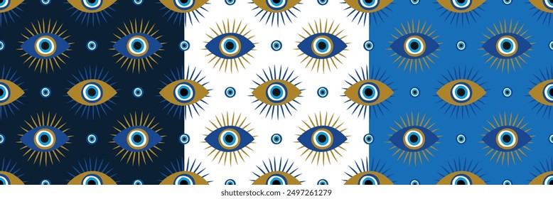 Fondo inconsútil del modelo del Vector con los símbolos conceptuales y los puntos del ojo azul malvado, hamsa, ojo turco. Ilustración vectorial