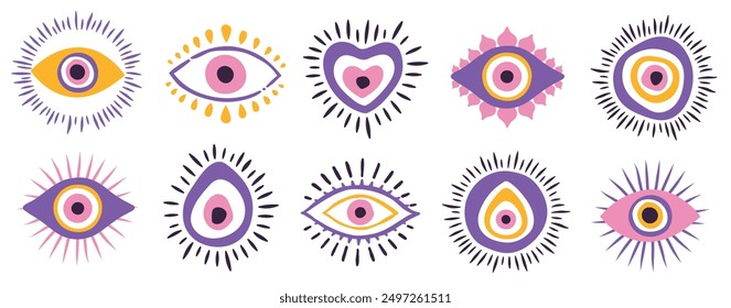 Seamless vector pattern background with conceptual symbols and dots of evil blue eyes, Hamsa, amulet, in pink and purple tones. Vector illustration