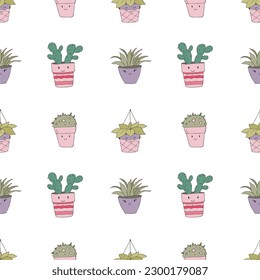 Seamless vector pattern background cute indoor plants, cacti, with funny faces, texture for notebooks, pens, T-shirts and any other kind of products