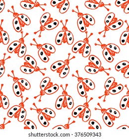 Seamless vector pattern, background with cute ladubugs on the white backdrop. Hand sketch drawing. Imitation of ink penciling. Series of Insects and Hand Drawn Patterns.