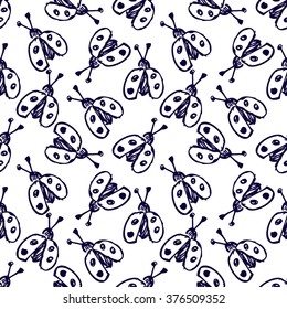 Seamless vector pattern, background with cute ladubugs on the white backdrop. Hand sketch drawing. Imitation of ink penciling. Series of Insects and Hand Drawn Patterns.