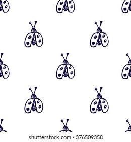 Seamless vector pattern, background with cute ladubugs on the white backdrop. Hand sketch drawing. Imitation of ink penciling. Series of Insects and Hand Drawn Patterns.