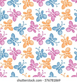 Seamless vector pattern, background with cute butterflies on the white backdrop. Hand sketch drawing. Imitation of ink pencilling. Series of Insects and Hand Drawn Patterns.