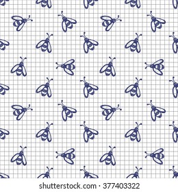 Seamless vector pattern, background with cute wasps on the chekered paper. Hand sketch drawing. Imitation of ink pencilling. Series of Insects and Hand Drawn Patterns.