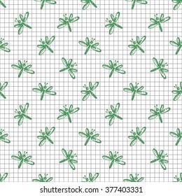 Seamless vector pattern, background with cute dragonflies on the chekered paper. Hand sketch drawing. Imitation of ink pencilling. Series of Insects and Hand Drawn Patterns.
