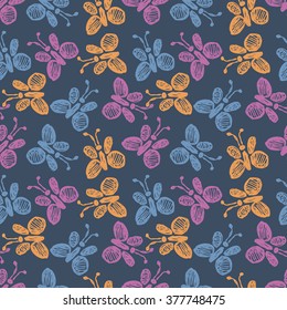 Seamless vector pattern, background with cute butterflies on the blue backdrop. Hand sketch drawing. Series of Insects and Hand Drawn Patterns.