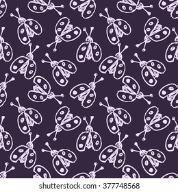 Seamless vector pattern, background with cute ladubugs on the blue backdrop. Hand sketch drawing. Series of Insects and Hand Drawn Patterns.