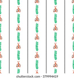 Seamless vector pattern, background with cute ladybugs on the white backdrop. Hand sketch drawing. Imitation of ink penciling. Series of Insects and Hand Drawn Patterns.