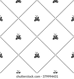 Seamless vector pattern, background with cute butterflies on the white backdrop. Hand sketch drawing. Imitation of ink penciling. Series of Insects and Hand Drawn Patterns.