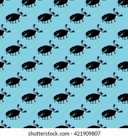 Seamless vector pattern, background with cute bugs. Hand drawn illustration.