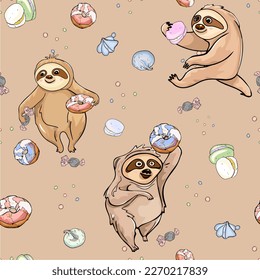 Seamless vector pattern background with donuts, macarons, sweets, candies, meringue, marshmallows, lazy sloths wild animal. Illustration wallpaper. For print, cards, package, clothes, designers