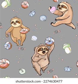 Seamless vector pattern background with donuts, macarons, sweets, candies, meringue, marshmallows, lazy sloths wild animal. Illustration wallpaper. For print, cards, package, clothes, designers