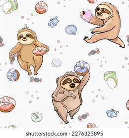 Seamless vector pattern background with donuts, macarons, sweets, candies, meringue, marshmallows, lazy sloths wild animal. Illustration wallpaper. For print, cards, package, clothes, designers