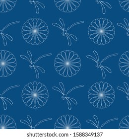 Seamless vector pattern background  with dragonflies and flowers in japanese embroidery style. Perfect for textile , stationary and home decor.  