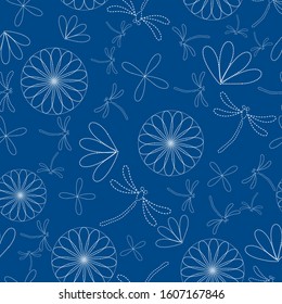 Seamless vector pattern background  with dragonflies and flowers in japanese embroidery style. Perfect for textile , stationary and home decor projects  