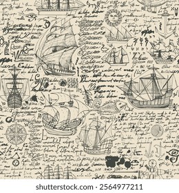 seamless vector pattern background with drawings on theme of sailing ships and sea travel and adventure and handwriting text lorem ipsum and grunge texture. suitable for wallpaper