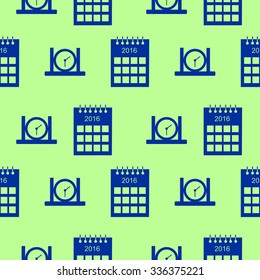 Seamless vector pattern. Background with elements of calendars and clocks blue color over green backdrop