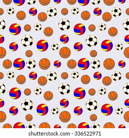 Seamless vector pattern, background with elements of colorful balls for football, volleyball and soccer over grey background
