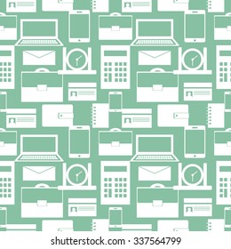 Seamless vector pattern, background with elements of business, work and office over light green backdrop